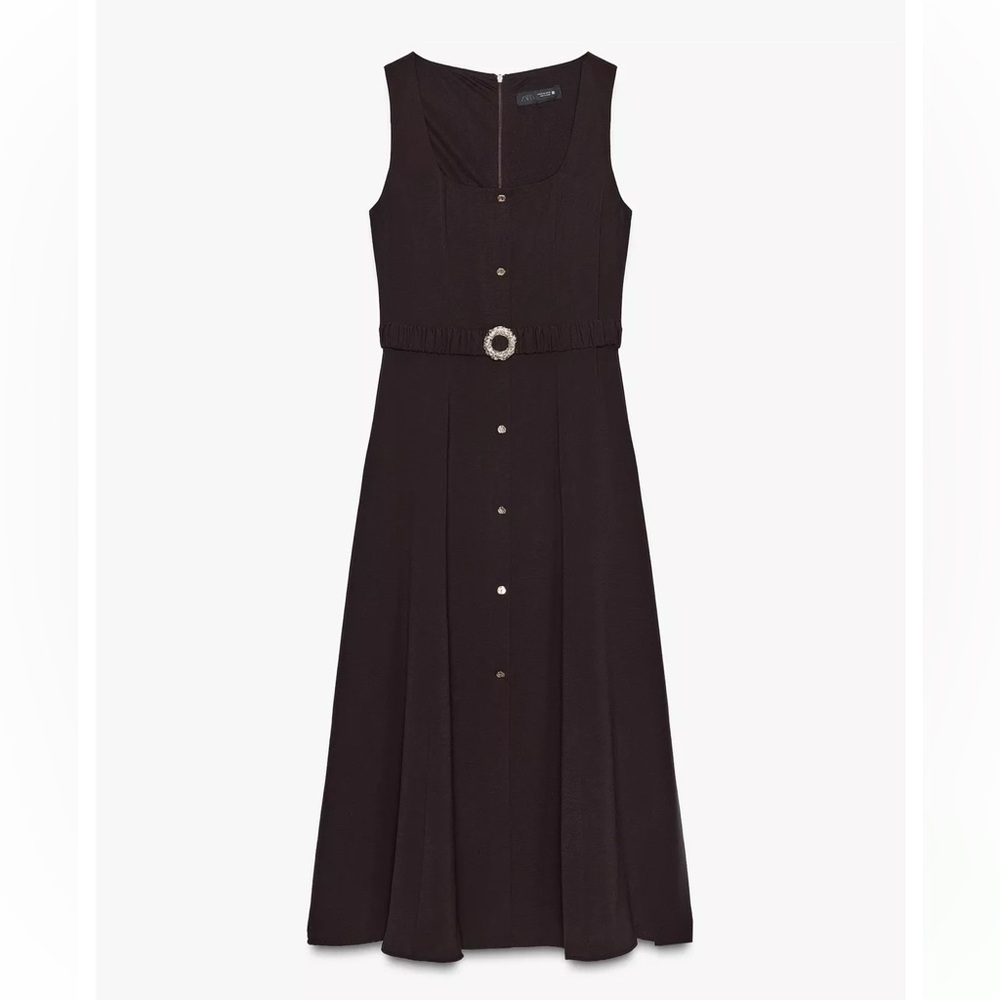 NWT ZARA Belted Midi Dress - XS - Dark Brown Gold Hardware NEW